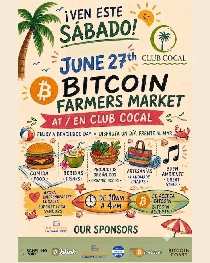 Bitcoin Farmers Market flyer for Saturday June 27th at Club Cocal, 10 AM to 4 PM